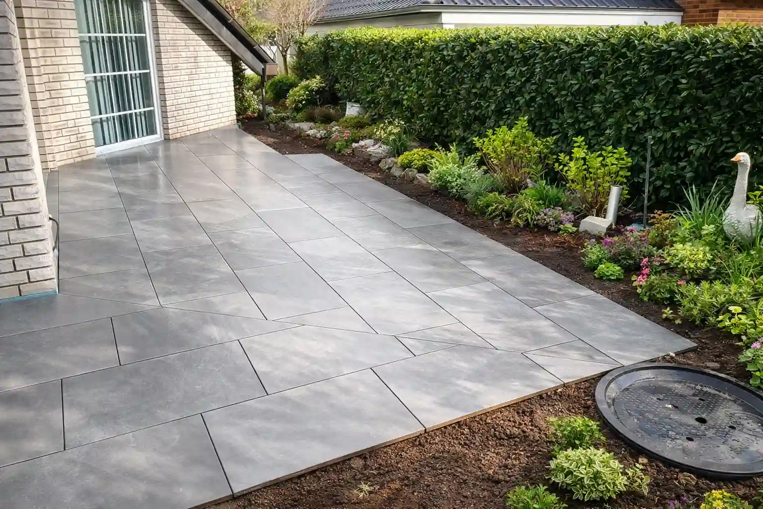 Neu verlegte Keramikplatten-Terrasse mit angrenzendem Beet